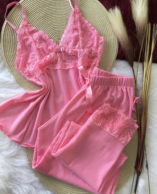 Conjunto Alissa Canelado Rosa com Renda
